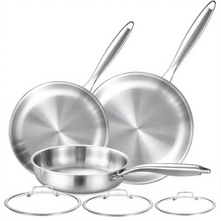 Kombination aus 3 Trilamin-Pfannen mit 3 Deckeln - Schnelles und gleichmässiges Kochen - Sparsame In