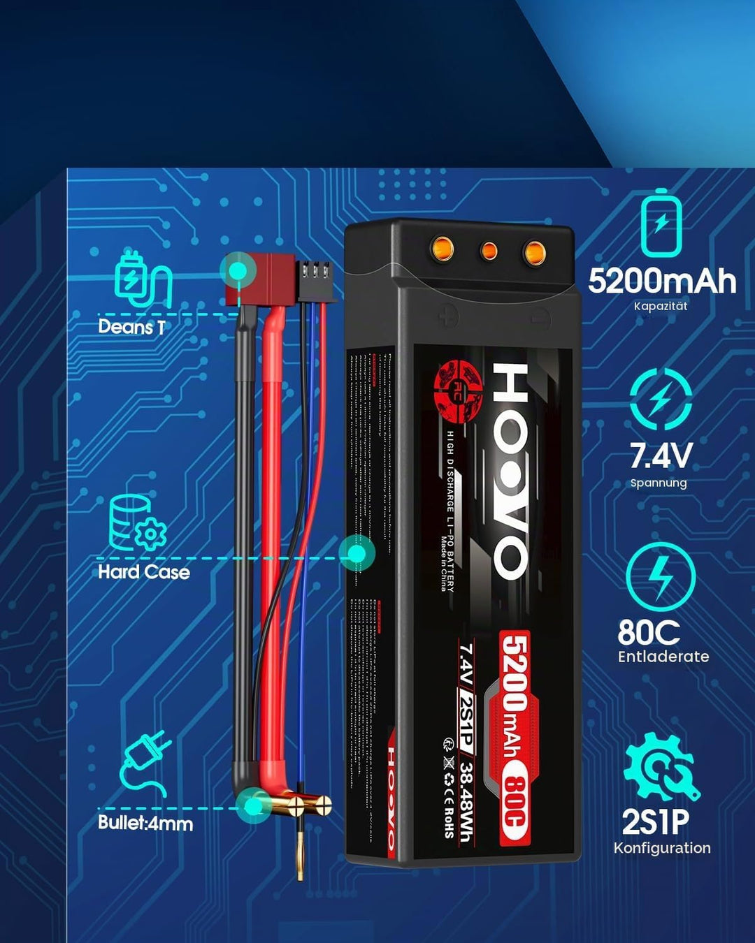 HOOVO 2S LiPo Akku 7,4V 80C 5200mAh RC Batterie Hartschale mit Deans-T Stecker für RC Auto Boot Truc