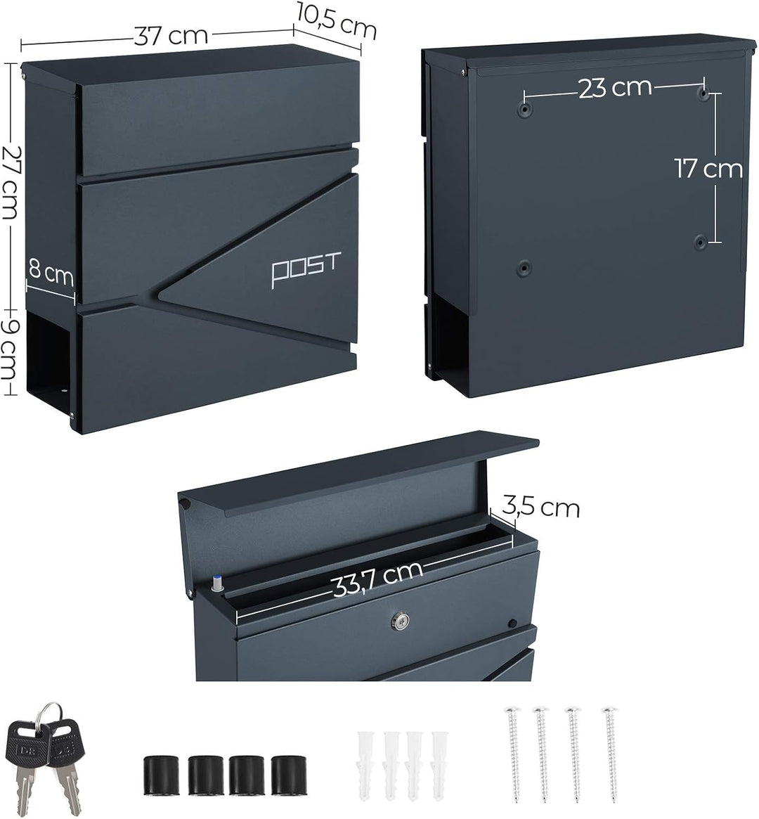 SONGMICS Briefkasten, Wandmontage, mit Zeitungshalter, Schlüssel, modernes Design, Grau Anthrazit GM
