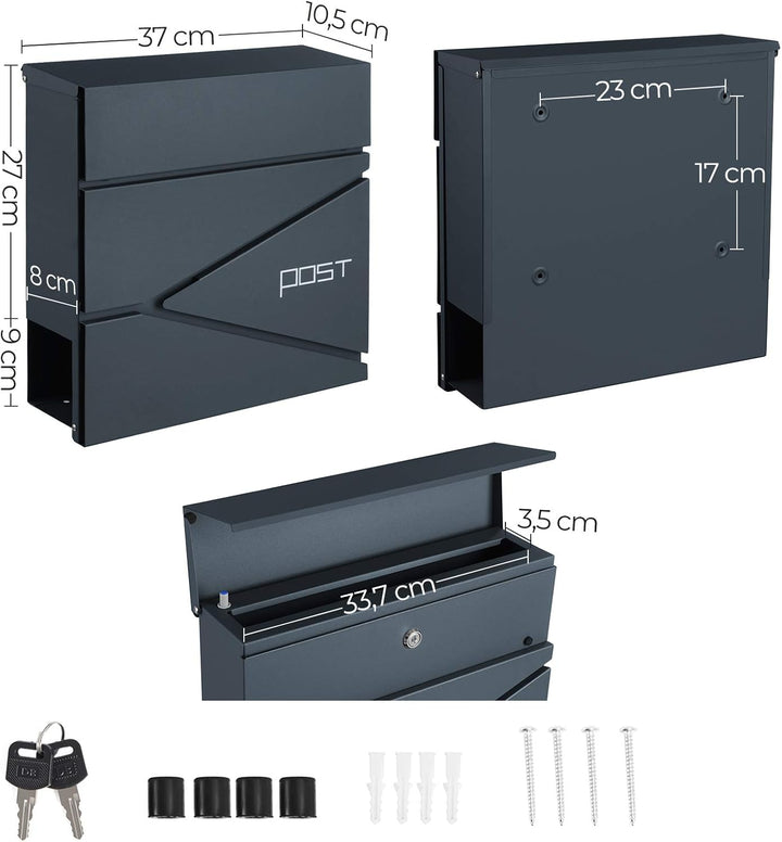 SONGMICS Briefkasten, Wandmontage, mit Zeitungshalter, Schlüssel, modernes Design, Grau Anthrazit GM