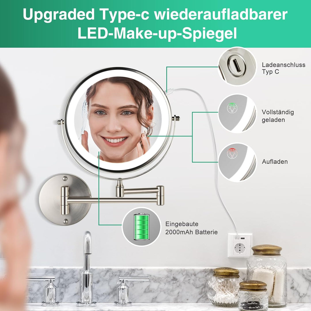 Aufladbarer Wandmontiertes Make-up Spiegel in gepoliertem Nickel, mit Beleuchtung, zweiseitig 1X/10X
