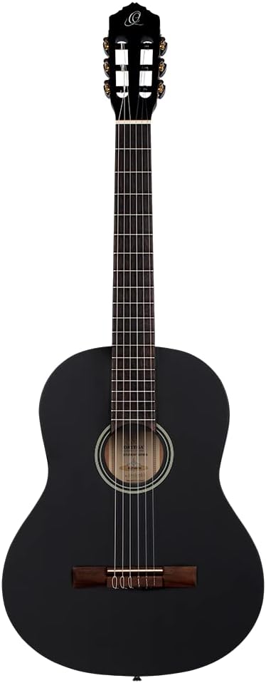 Ortega Guitars schwarze Konzertgitarre Full-Size - Student Series - Catalpakorpus mit Fichtendecke (