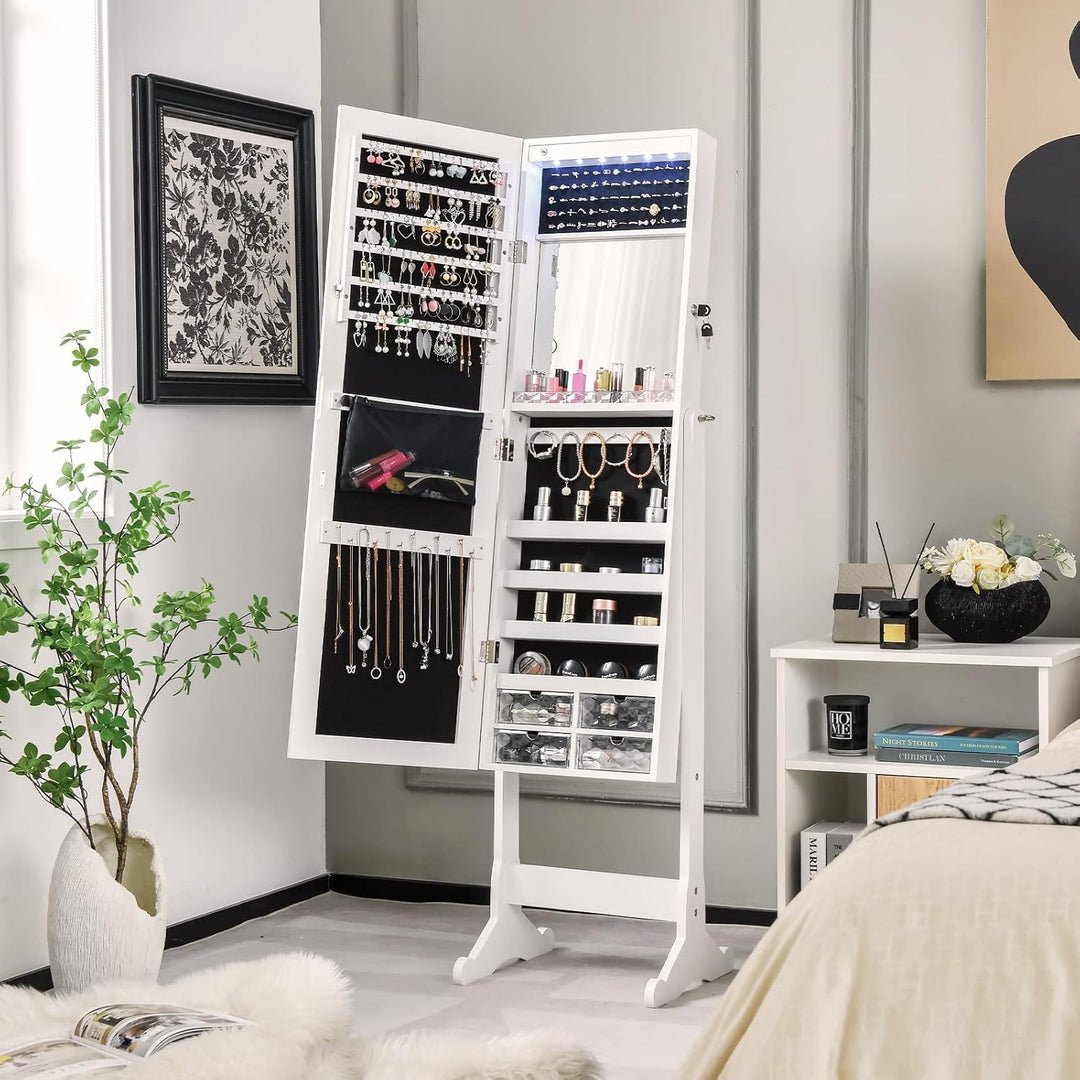 COSTWAY Schmuckschrank neigungsverstellbar, freistehender Schmuckregal mit Ganzkörperspiegel & inner
