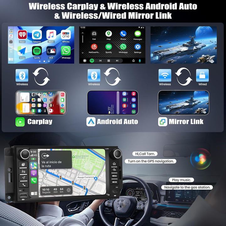 CAMECHO 4+64G 7 Zoll Android 15 Autoradio für Jeep Wrangler Dodge Challenger Compass, Navi Radio Blu