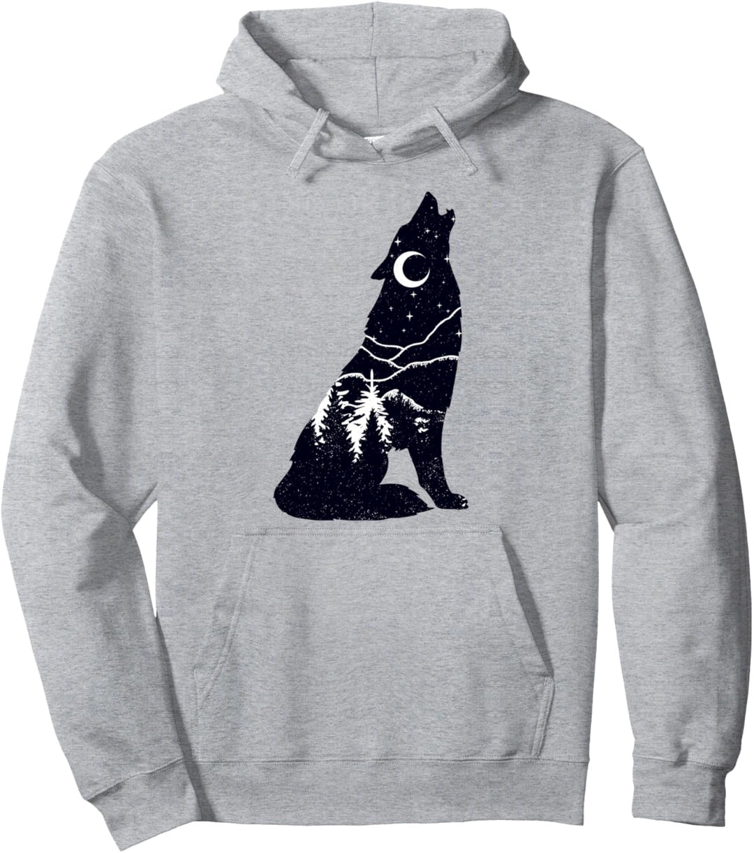 Trendy Midnight Forest Howling Wolf Silhouette Fill Pullover Hoodie