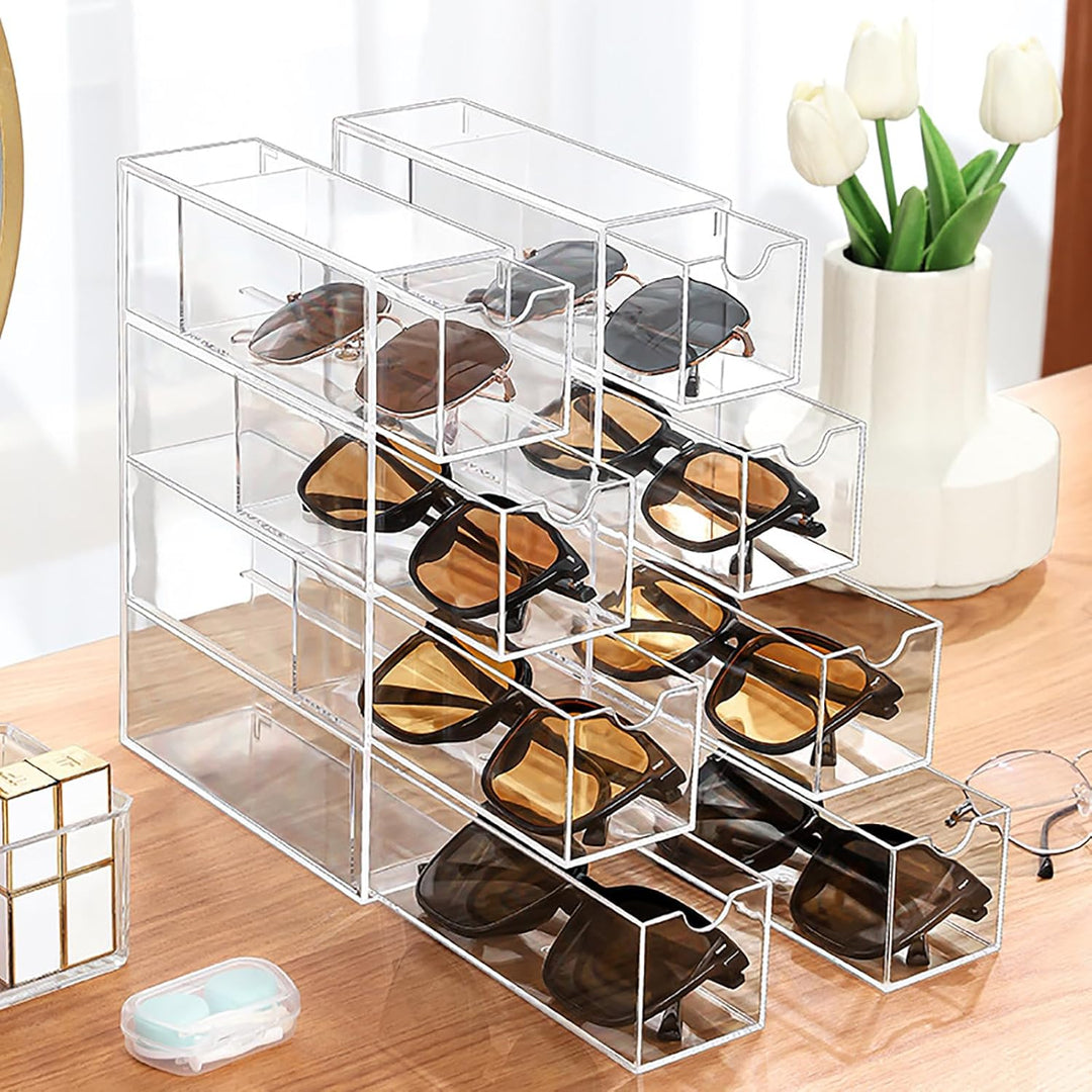 Nicunom 2 Stück Sonnenbrillen-Organizer, Acryl, transparentes Brillenetui mit 4 Schubladen, Brillena