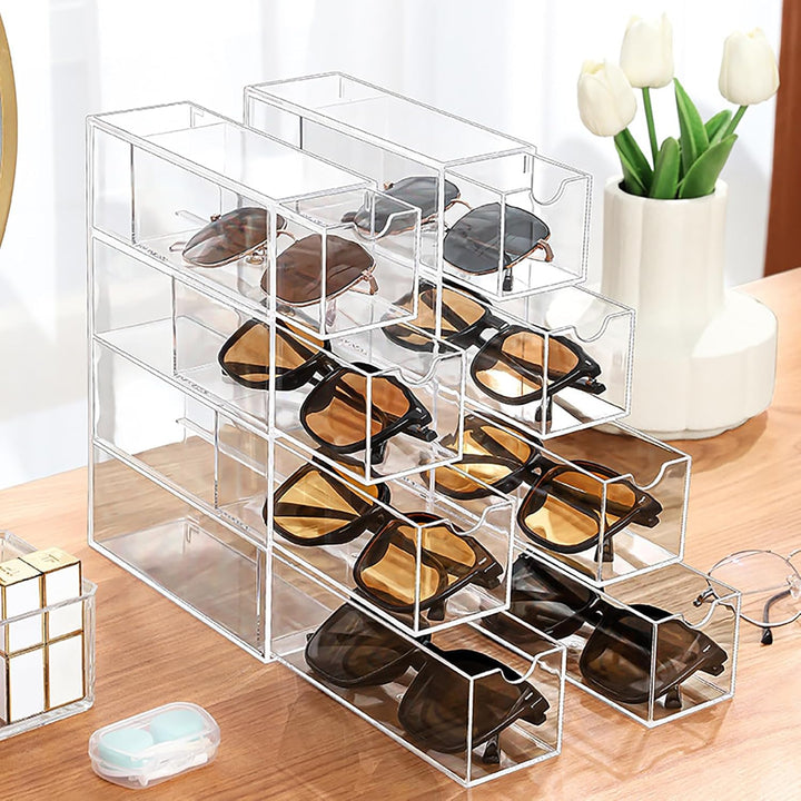 Nicunom 2 Stück Sonnenbrillen-Organizer, Acryl, transparentes Brillenetui mit 4 Schubladen, Brillena