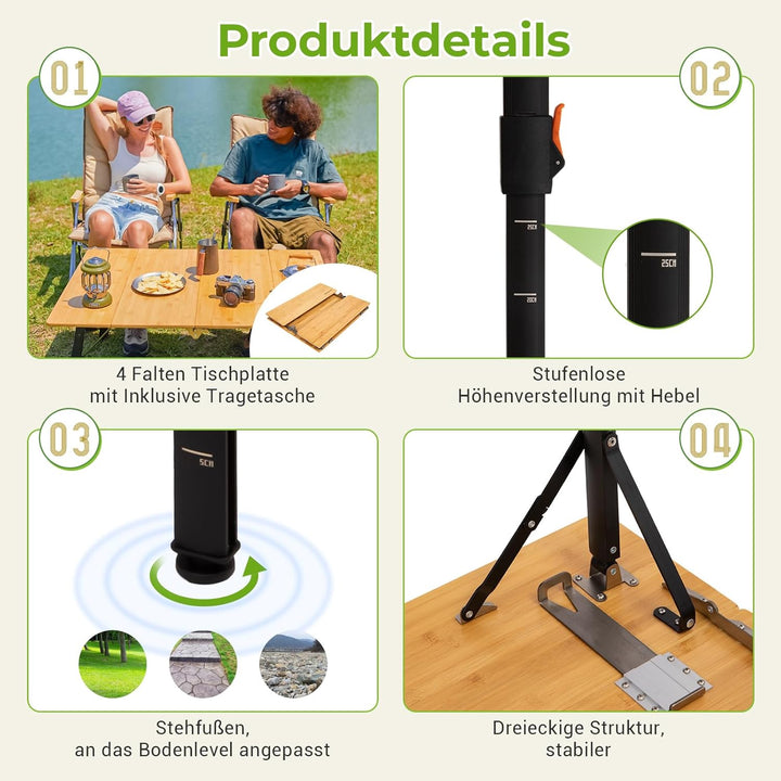 KingCamp Campingtisch Bambus 80 x 60 cm Klapptisch höhenverstellbar 42~70cm für 2-4 Personen 4 Falte