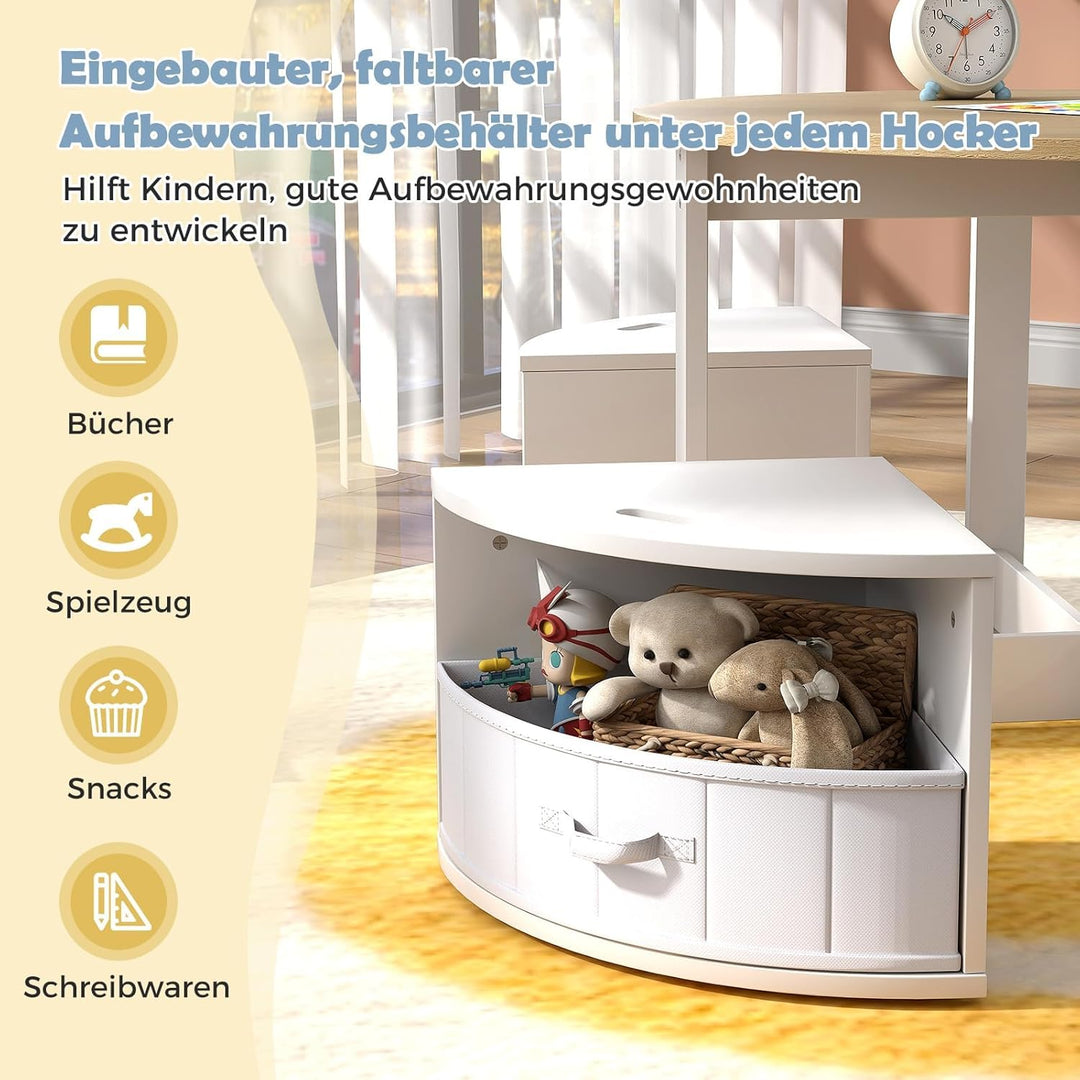FANTASK Kindertisch mit 4 Stühlen, Kinder Tisch Stuhl Set inkl. Maltisch, 4 Stauraumhocker & 4 Stoff