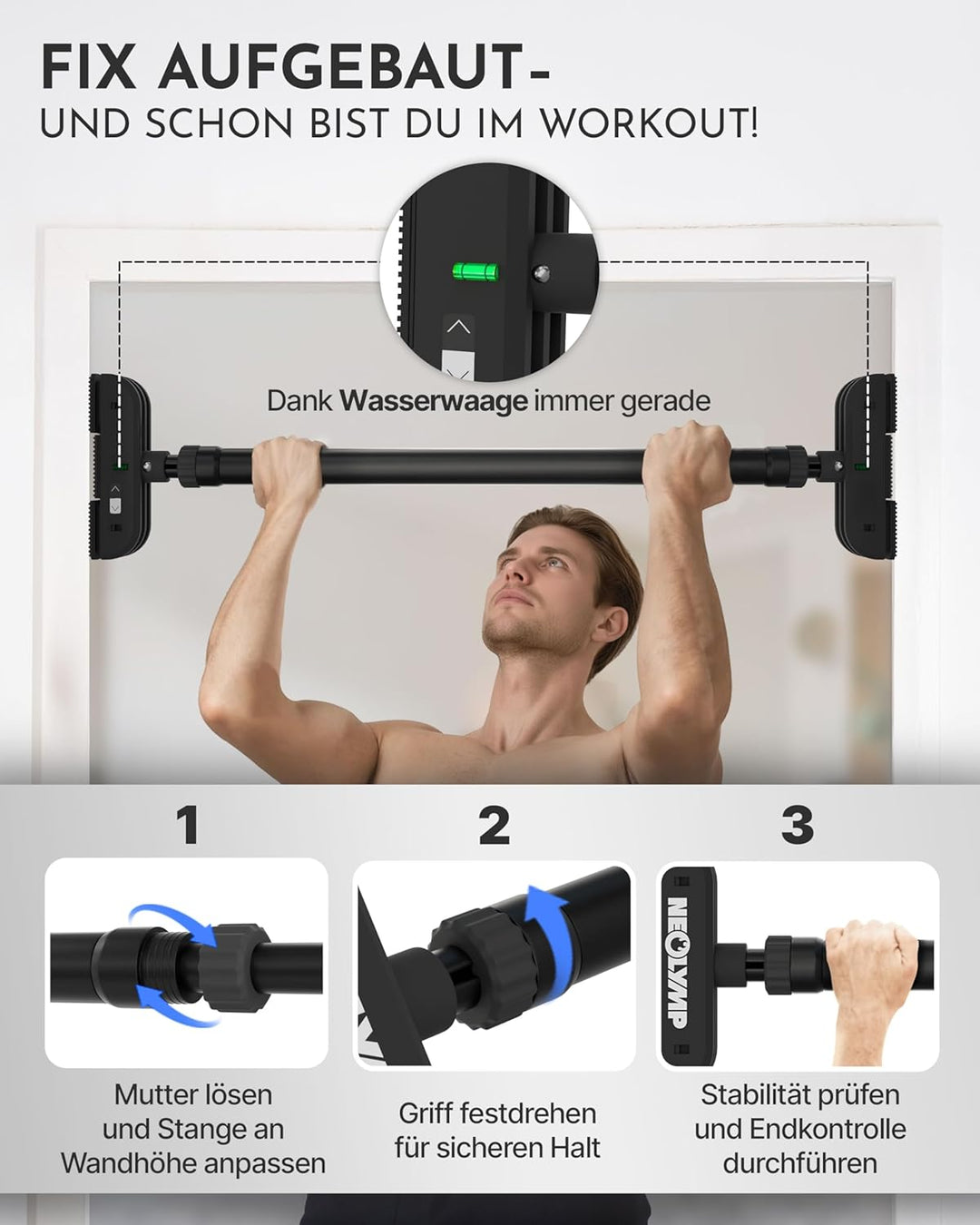 NEOLYMP Klimmzugstange Türrahmen ohne Schrauben – Pull Up Bar bis 200 kg – Verstellbare Reckstange I