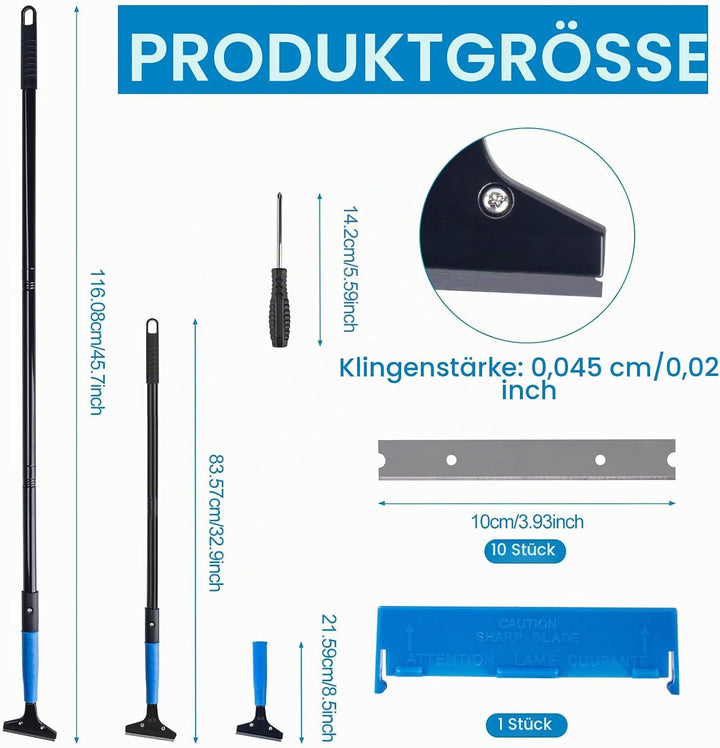 Tapetenentferner mit 10 Klingen, Schwer Tapetenschaber mit Gummigriff, 116cm Teleskopstiel, Glasscha