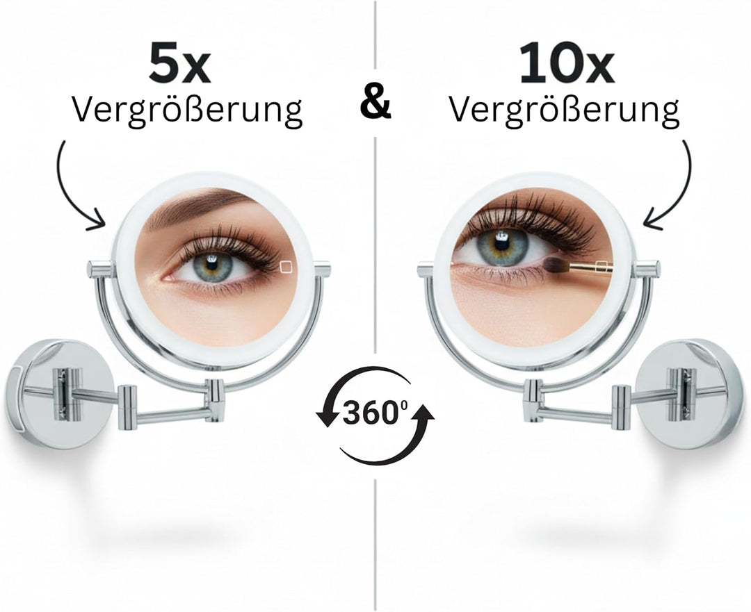 Kosmetikspiegel Modena – LED Schminkspiegel 5x/10x Vergrösserung – Wandmontage mit Dimmer & Auto-Off