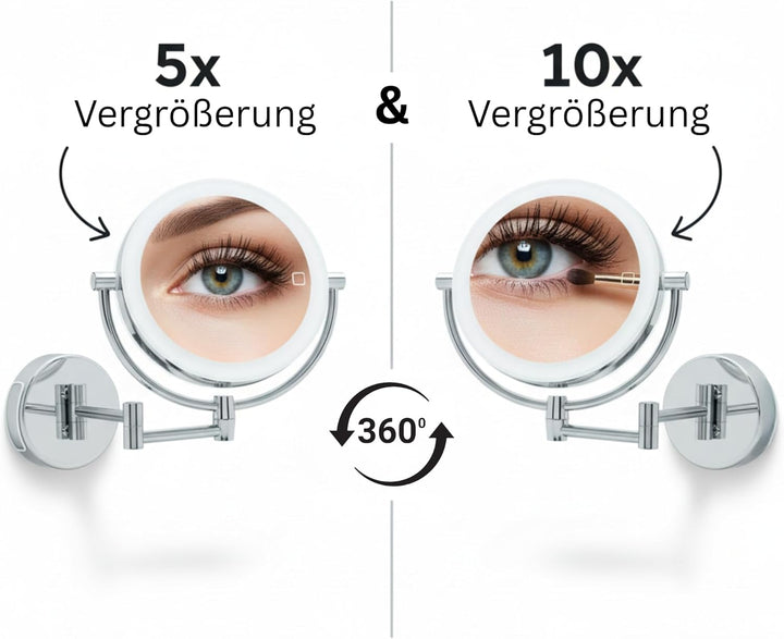 Kosmetikspiegel Modena – LED Schminkspiegel 5x/10x Vergrösserung – Wandmontage mit Dimmer & Auto-Off