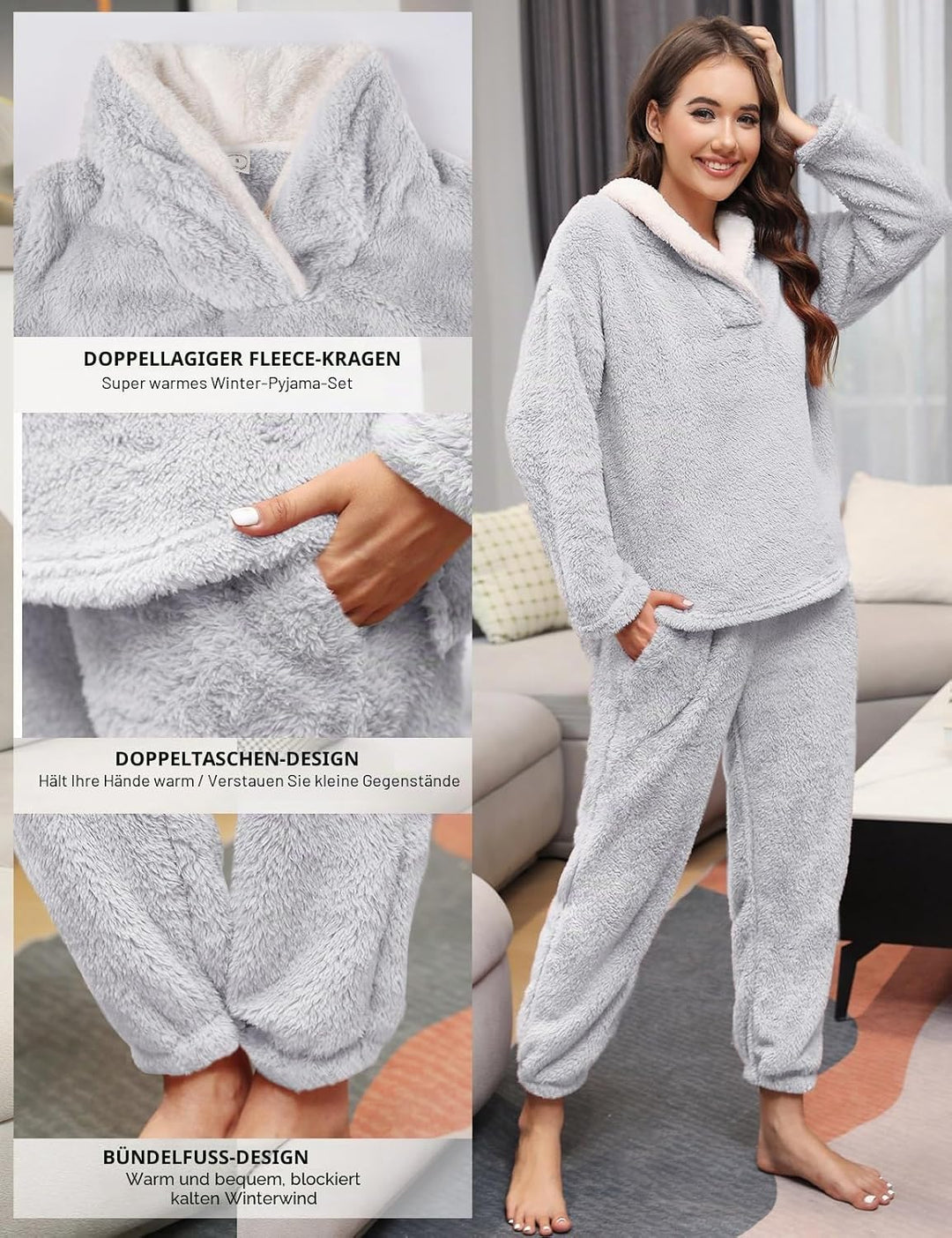 Schlafanzug Damen Winter Thermo Pyjama Lang Fleece Hausanzug Kuschelig Warm Pyjama Set Flauschig Fre