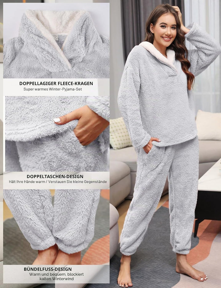 Schlafanzug Damen Winter Thermo Pyjama Lang Fleece Hausanzug Kuschelig Warm Pyjama Set Flauschig Fre