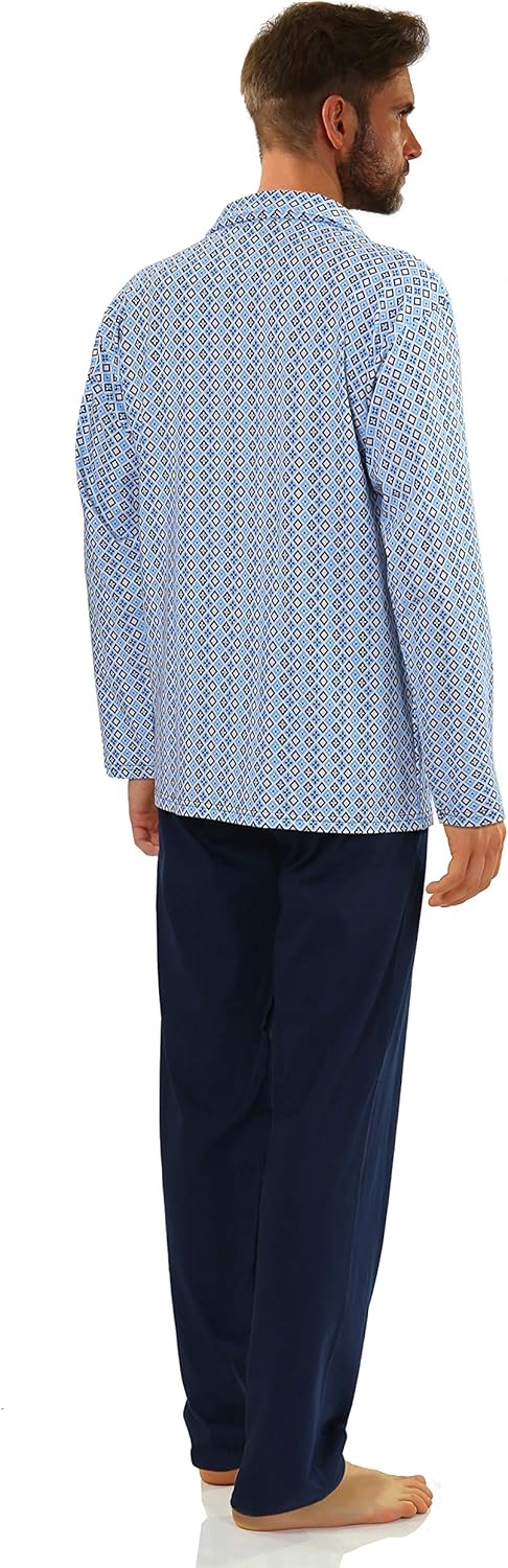sesto senso Herren Pyjama mit Knopfleiste Lang Baumwolle Schlafanzug Knöpfen M T-shirt - Muster Blau