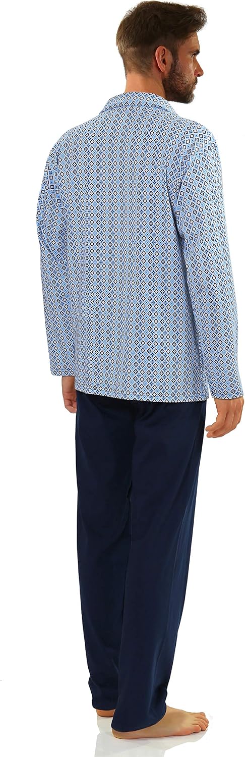 sesto senso Herren Pyjama mit Knopfleiste Lang Baumwolle Schlafanzug Knöpfen L T-shirt - Muster Blau
