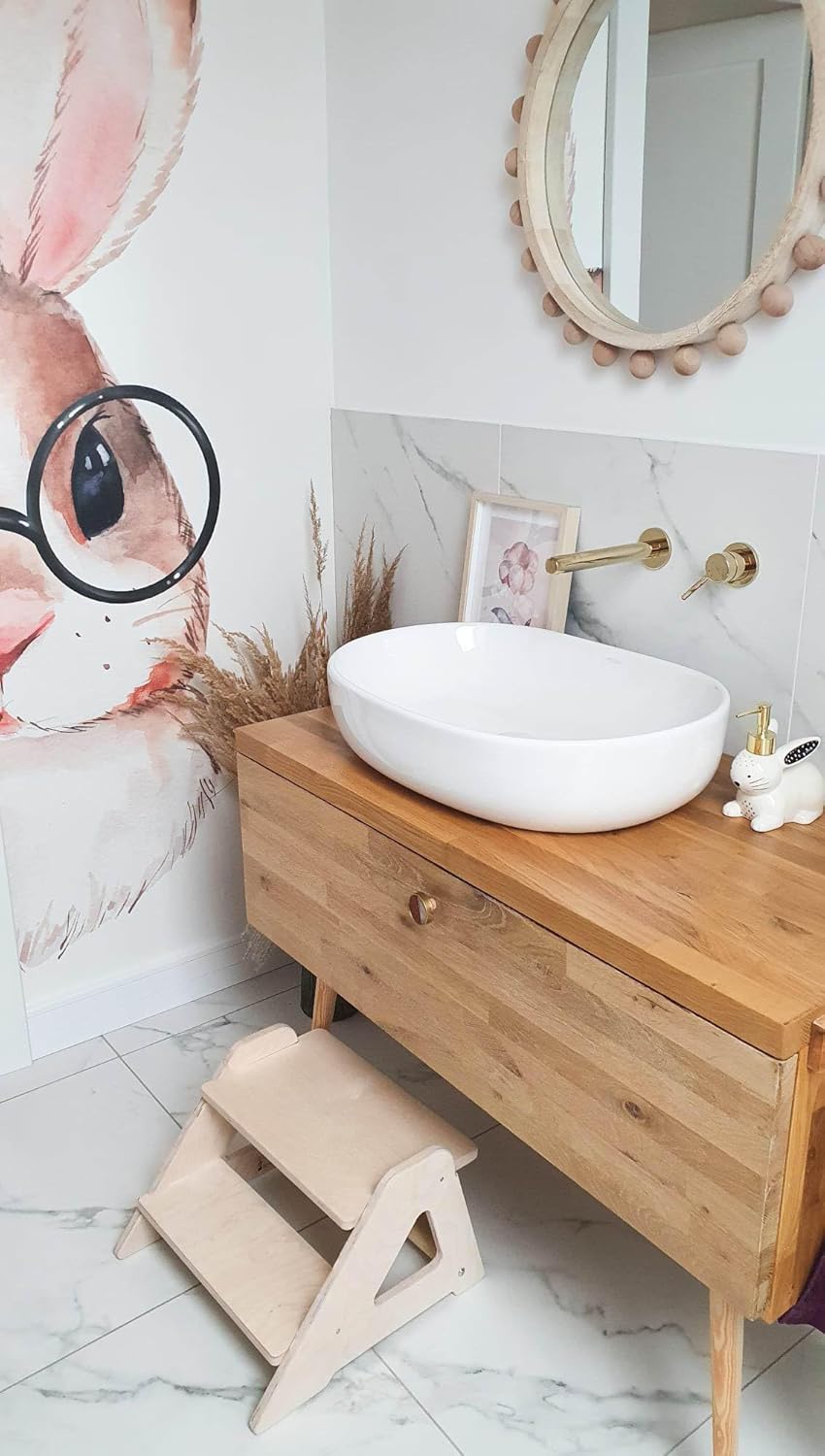 MAMOI® Kinder Tritthocker Zweistufig aus natürlichem Holz | Modernes Design Stockerl für Kinder | Si
