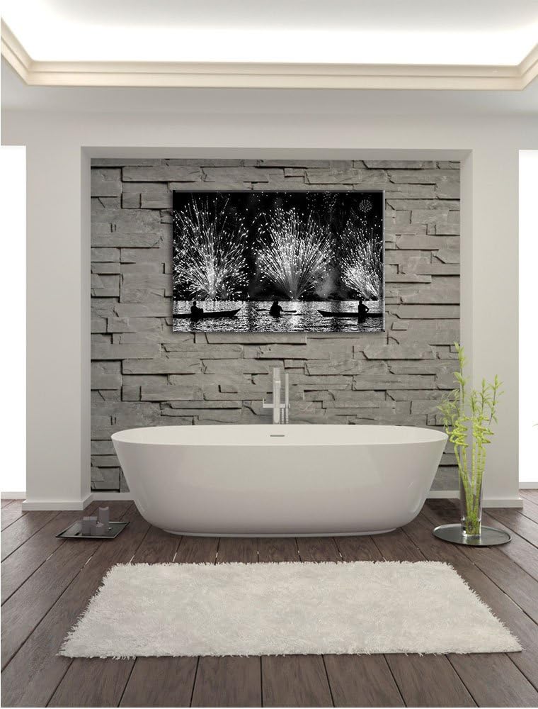 Pixxprint Feuerwerk auf dem Wasser / 100x70cm Leinwandbild bespannt auf Holzrahmen/Wandbild Kunstdru