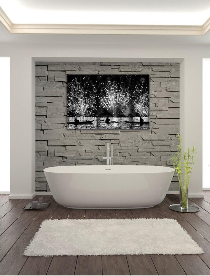 Pixxprint Feuerwerk auf dem Wasser / 100x70cm Leinwandbild bespannt auf Holzrahmen/Wandbild Kunstdru