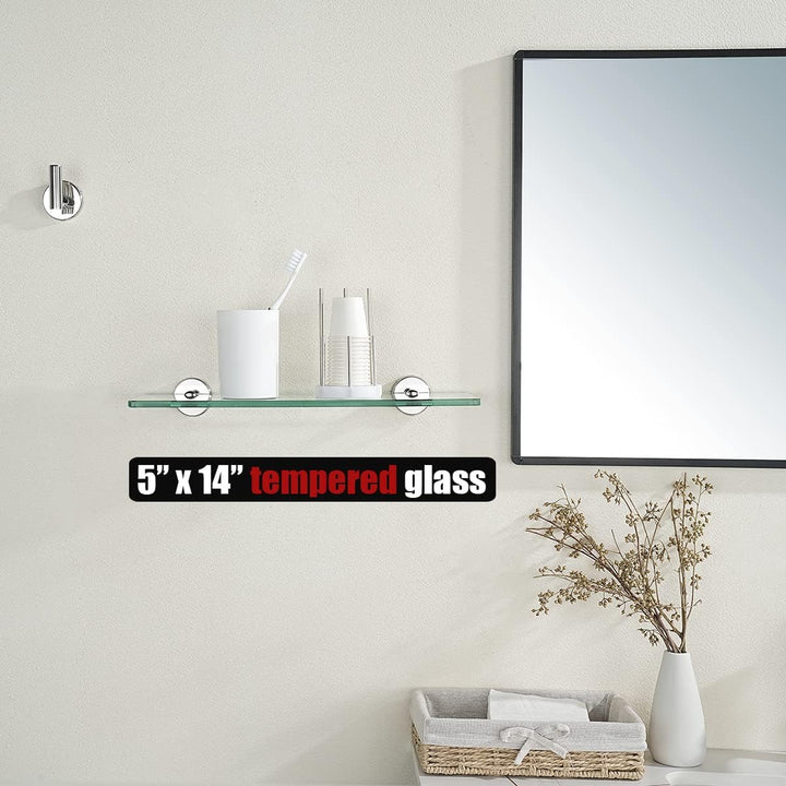 JQK TGS101L14-CH Badezimmer-Glasregal, Chrom, Duschaufbewahrung aus gehärtetem Glas, 35,6 x 12,7 cm,