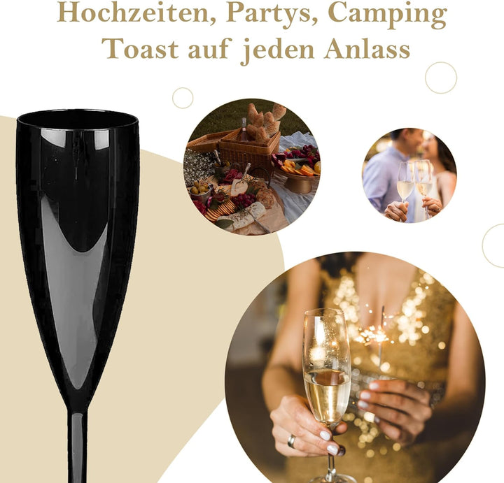 MyDrinkglass Sektgläser Plastik Givet | Schwarz Champagner Gläser | 4 Stück | Kunststoff Gläser | Ca