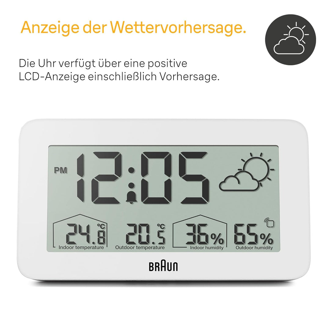 Braun Digitale Wetterstationsuhr mit Anzeige von Innen- und Aussentemperatur sowie Luftfeuchtigkeit,
