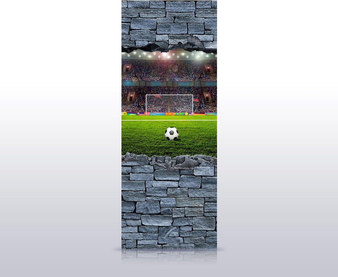 wandmotiv24 Türtapete 3D Fussballfeld - grobe Steinmauer 80 x 200cm (B x H) - Dekorfolie selbstklebe