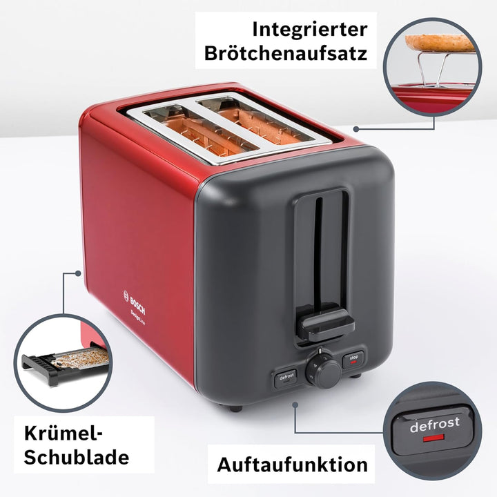 Bosch Kompakt Toaster DesignLine TAT3P424DE, integrierter Edelstahl-Brötchenaufsatz, mit Abschaltaut