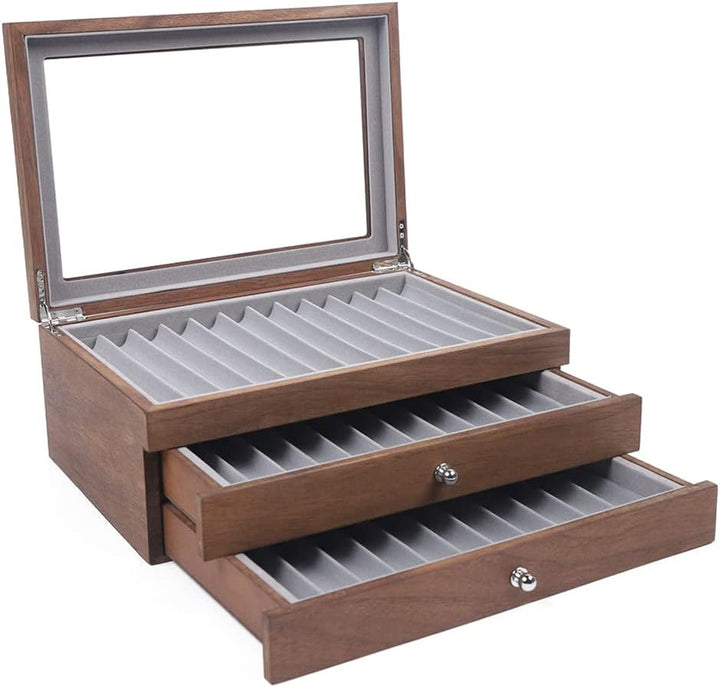 WindWilder Stifthalterbox mit vitrine für 34 Stifte, Nussbaum Holzstifte Pen Display Box mit Anzeige
