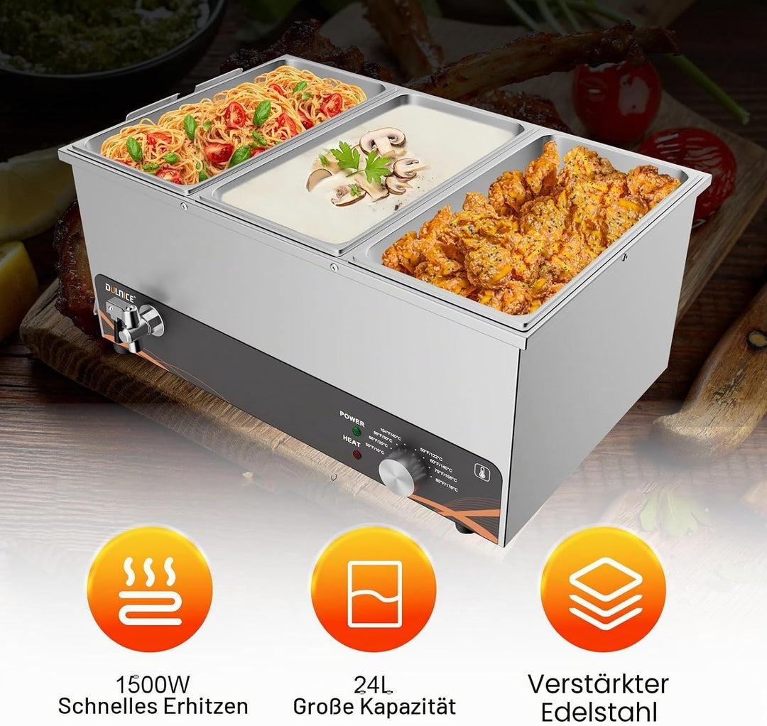 DULNICE Bain Marie Speisewärmer Elektrische Edelstahl 1500W 3 GN-Behältern Wasserbad mit Ablaufhahn,