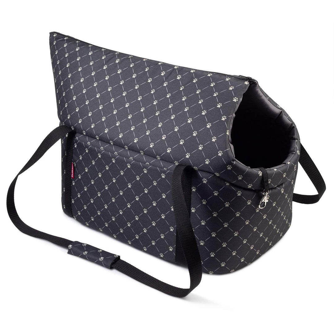Hundetasche - Schwarz/Muster: Pfoten, L bis 15 kg - Tragetasche für kleinen und mittleren Hund, Welp