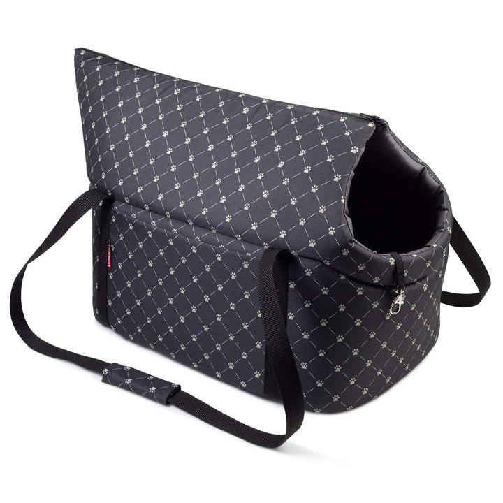 Hundetasche - Schwarz/Muster: Pfoten, L bis 15 kg - Tragetasche für kleinen und mittleren Hund, Welp