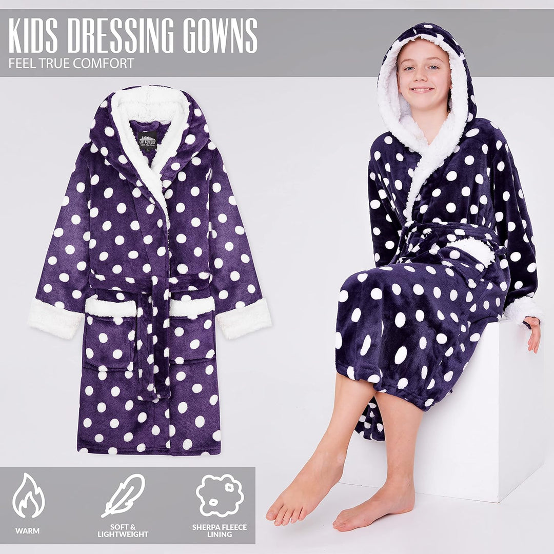 CityComfort Bademantel Kinder Mädchen, Fleece Morgenmantel Kinder Dressing Gown mit Punkten 9-10 Jah