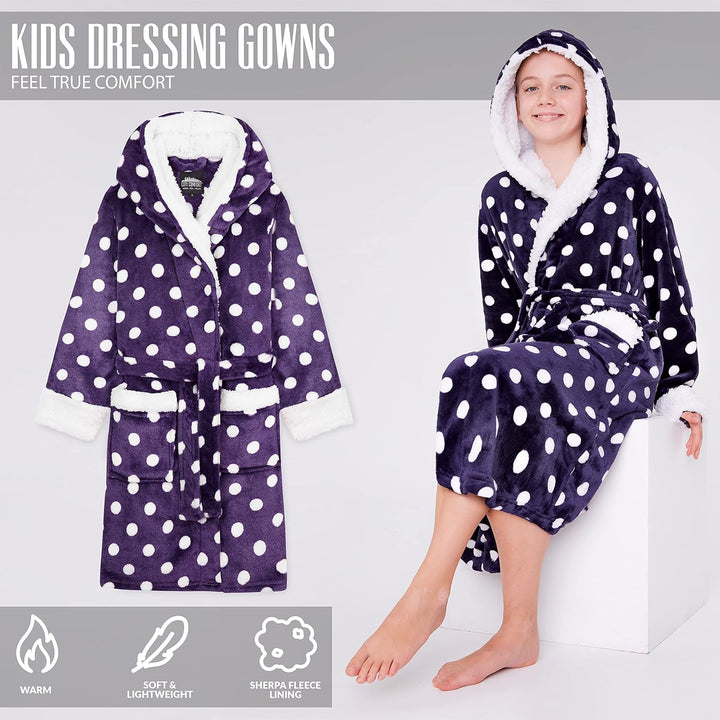 CityComfort Bademantel Kinder Mädchen, Fleece Morgenmantel Kinder Dressing Gown mit Punkten 9-10 Jah
