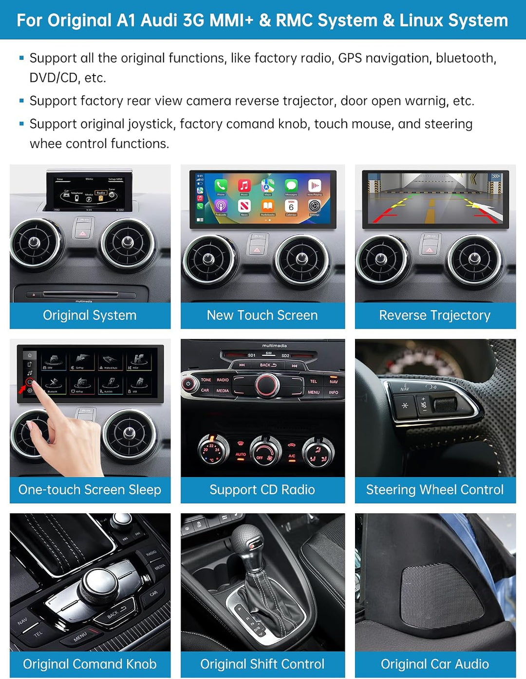 Autoradio 10,25 Zoll Touchscreen mit kabellosem Carplay &amp; Android Auto für 2012–2018 Audi A1 mit 3G