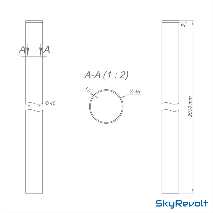 SkyRevolt 2m Antennenmast SR-48 Stahl Ø 48 mm Satmast verzinkt + Mastfuss + Mastschelle Stahl