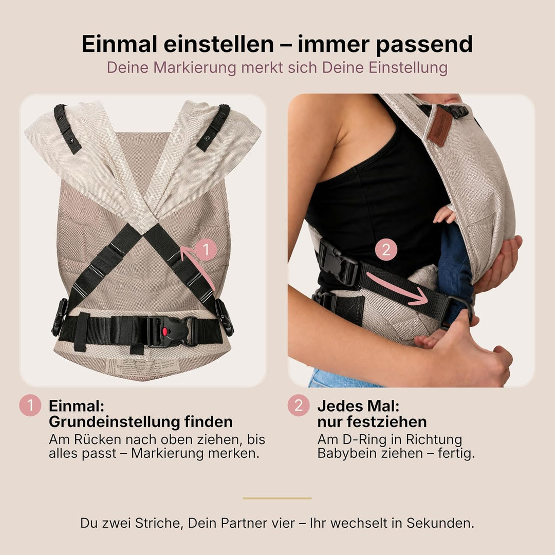 Hoppediz Primeo Babytrage für Neugeborene – Ergonomische Babytrage aus 100% kbA Baumwolle – Bauchtra