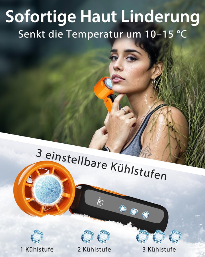 Tragbarer Turbo Handventilator mit Ice-Cooling, USB-C aufladbar,90° klappbar,1–199 Geschwindigkeitss