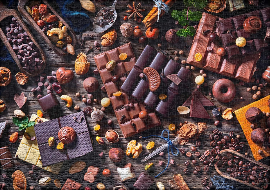 Ulmer Puzzleschmiede - Puzzle „Süsse Versuchung“ - Klassisches 1000 Teile Puzzle – Nüsse, Pralinen &