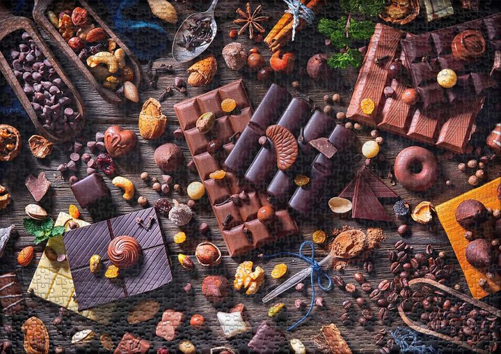 Ulmer Puzzleschmiede - Puzzle „Süsse Versuchung“ - Klassisches 1000 Teile Puzzle – Nüsse, Pralinen &