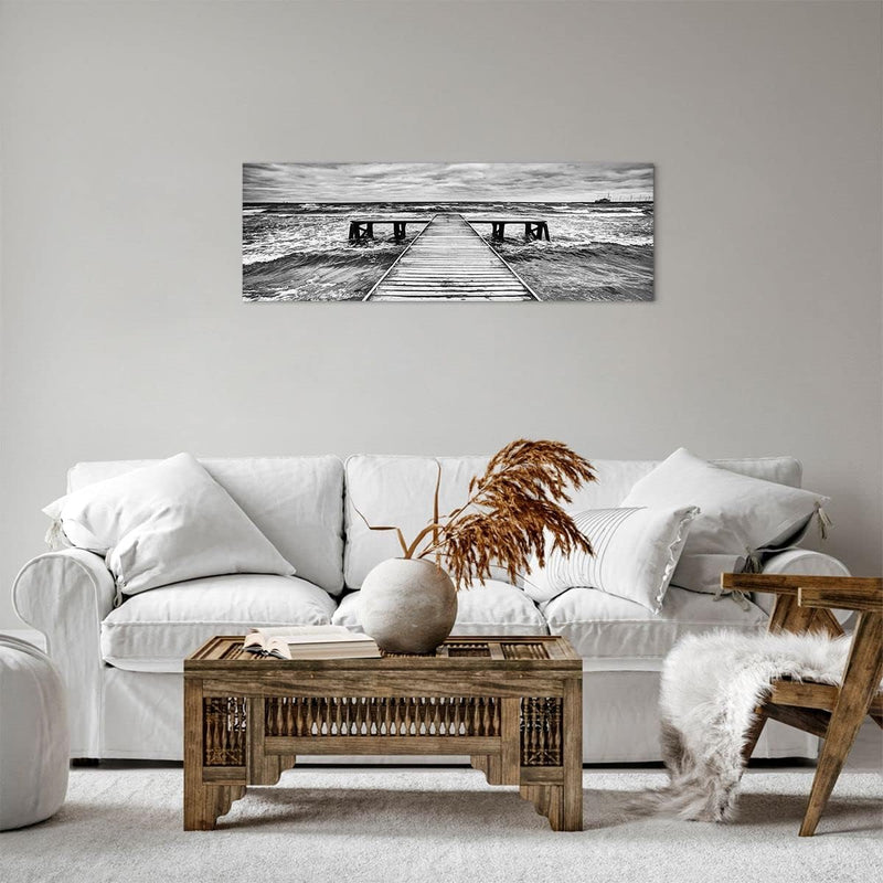 Panorama Bilder auf Leinwand Brücke Meer Welle Leinwandbild 90x30cm Wandbilder Dekoration Wohnzimmer