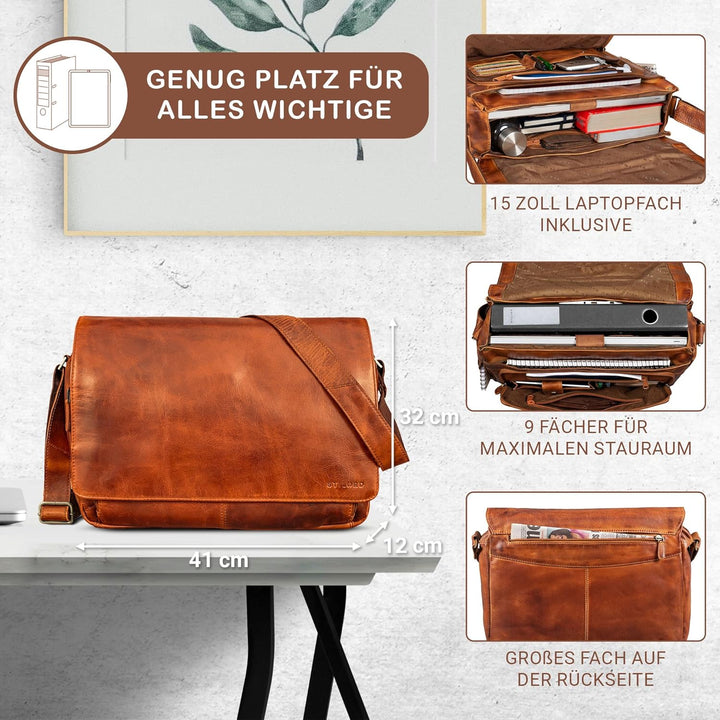 STILORD 'Tom' Vintage Leder Umhängetasche für Studium Uni Büro Arbeit 15 Zoll Laptoptasche DIN A4 Sc