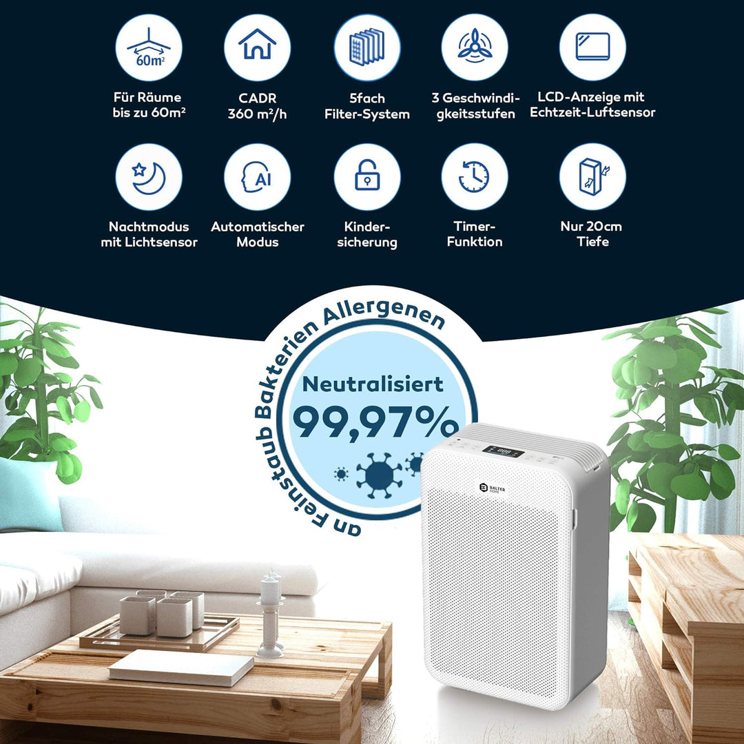 Balter LR-02 Luftreiniger, 5 Fach Filter mit HEPA H13, 99,97% Luftfilter Leistung, CADR 360m³/h, LCD