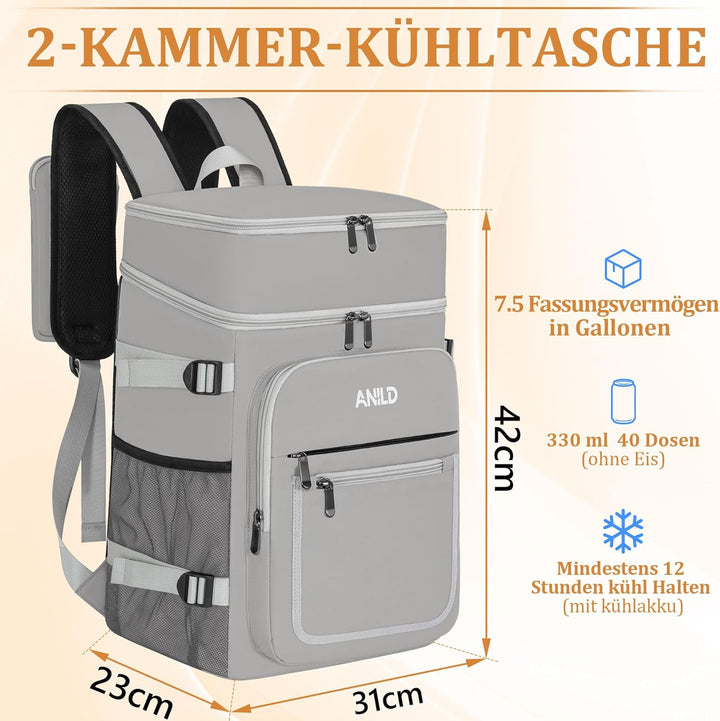 40 Dosen Isolierter Kühlrucksack 30L, Thermo Rucksack Gross, Auslaufsichere wasserdichte Picknickruc