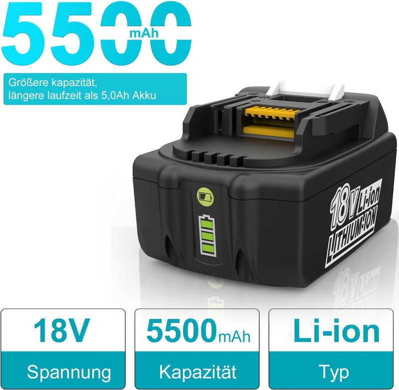 ENERGUP 2 Stück 18V 5.0Ah Ersatzakkus für Makita Akku 18V mit DC18RC Ladegerät für Makita Akku BL186