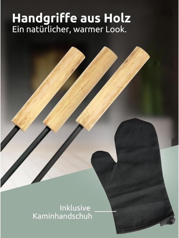 Kaminbesteck modern IGOR | 5-teilig mit Holzgriff | Schürhaken Besen Ascheschaufel | Kamingarnitur A