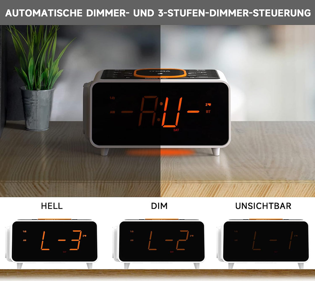 iTOMA Dual Wireless Charging Radiowecker mit Bluetooth Lautsprecher, FM Radio, Zwei USB Port, Dual A