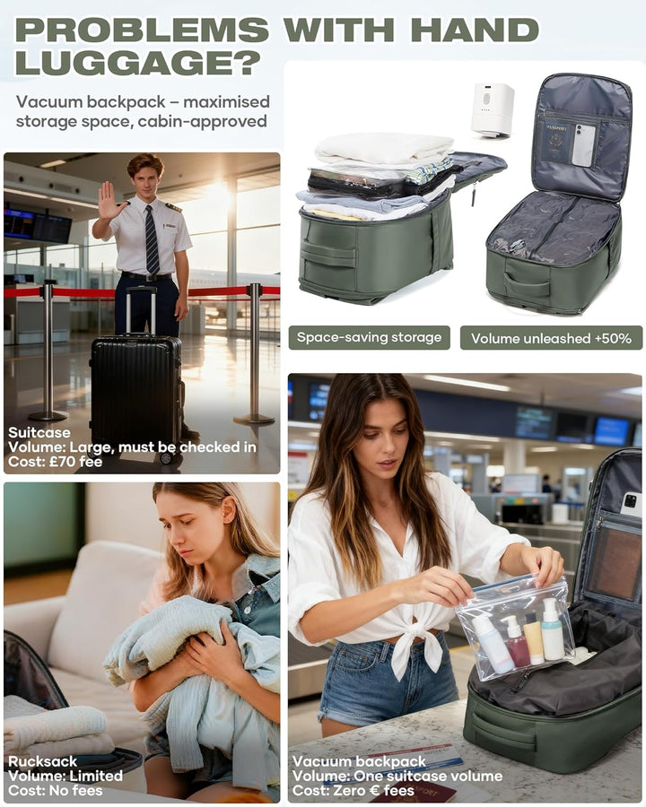 SZLX Grosser Reiserucksack Damen,Vakuum Rucksack mit Pumpe Ryanair Handgepäck 40x30x20 Herren, Wizza
