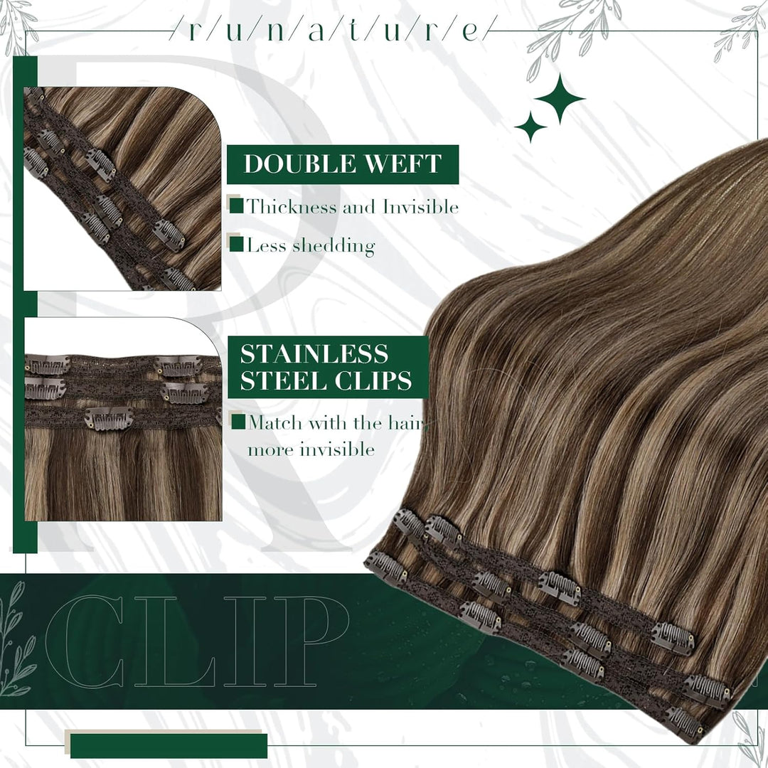 RUNATURE Echthaar Extensions Clip in Dunkelbraun mit Dunkelblond Echthaar Clip in Extensions Braun C